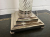 Pair of Silver & Glass Column Side Lamps with Pleated Teal Lampshades. Size H70cm. - 4