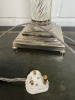 Pair of Silver & Glass Column Side Lamps with Pleated Teal Lampshades. Size H70cm. - 5