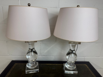 Pair of Heavy Glass Table Lamps with Ivory Shades. Size H68cm.