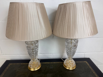 Pair of Ornate Glass & Gold Base Table Lamps with Pleated Natural Shades. Size H65cm.