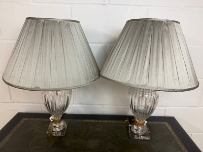 Pair of Ornate Glass & Gold Base Table Lamps with Pleated Silver Shades. Size H60cm.