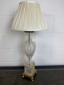 Vintage Cut Glass Style and Brass Table Lamp with Ornate Footed Base & Pleated Ivory Shade. H80cm.