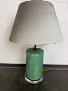 Sage Green Shagreen Pattern Ceramic Lamp on Perspex Base with Silver Shade. H61cm.
