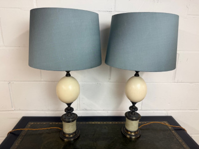 Pair of Regency Style Ostrich Egg and Ornate Bronze Lamps with Teal Shade. H67cm.