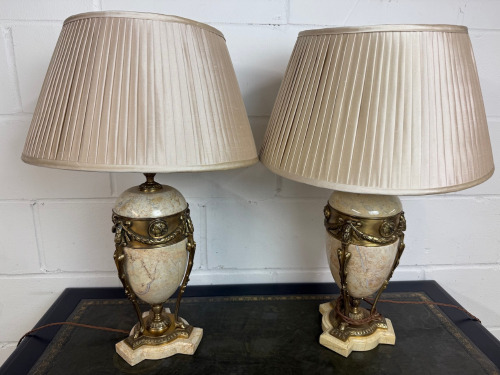 Pair of Besselink & Jones T3-016 Large Marble & Brass Balustre Urn Lamps with Off White Pleated Shade. Size 66cm.