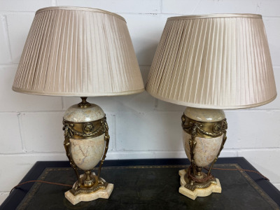 Pair of Besselink & Jones T3-016 Large Marble & Brass Balustre Urn Lamps with Off White Pleated Shade. Size 66cm.