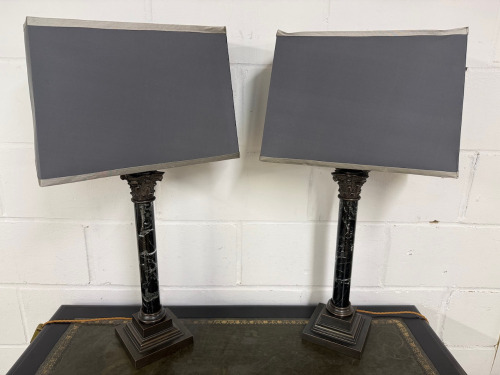 Pair of Bella Figura Lighting, TL91 Marble & Brass Colum Table Lamps with Grey Shade. H77cm.