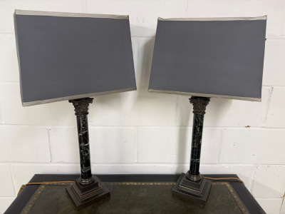 Pair of Bella Figura Lighting, TL91 Marble & Brass Colum Table Lamps with Grey Shade. H77cm.