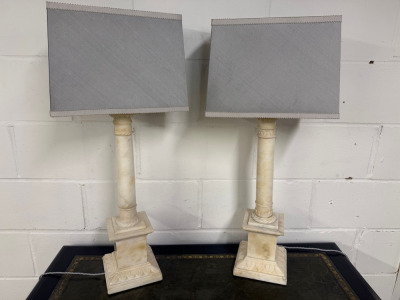 Pair of Large Marble Italian Column Neoclassical Alabaster Style Table Lamps with Silver Shade. H81cm. NOTE: one missing bolt and prior damage as pictured.
