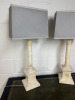Pair of Large Marble Italian Column Neoclassical Alabaster Style Table Lamps with Silver Shade. H81cm. NOTE: one missing bolt and prior damage as pictured. - 2