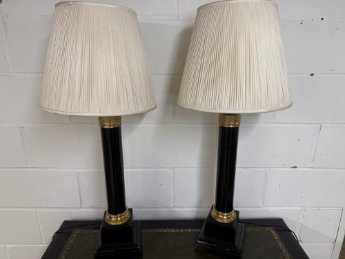 Pair of Large Black Ebonized Style with Gold Detail Lamps with Off White Pleated Shade. H95cm.