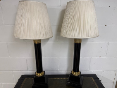 Pair of Large Black Ebonized Style with Gold Detail Lamps with Off White Pleated Shade. H95cm.