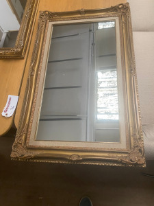 Antique Style Gilt Gold Ornate Framed Mirror with Fabric Border. Size 90 x 57cm. NOTE: requires minor repair as pictured/viewed.