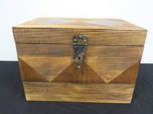 Wooden Chest with Marquetry Detail, Metal Handles & Lock. Size H32cm x D46cm x W46cm