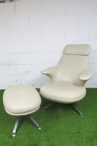 James Irvin Designed B & B Italia Model Radar Italian Ivory Leather Easy Chair with Ottoman.