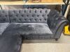 Set of Dark Grey/Blue Double Section Crushed Velvet Button Back Chesterfield Style Chaise Lounges with Matching Footstall. Chaise Size H80 x W175 x D95cm, Footstall H45 x W95 x D85cm. NOTE: requires cleaning. - 3