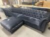 Set of Dark Grey/Blue Double Section Crushed Velvet Button Back Chesterfield Style Chaise Lounges with Matching Footstall. Chaise Size H80 x W175 x D95cm, Footstall H45 x W95 x D85cm. NOTE: requires cleaning. - 4