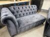 Set of Dark Grey/Blue Double Section Crushed Velvet Button Back Chesterfield Style Chaise Lounges with Matching Footstall. Chaise Size H80 x W175 x D95cm, Footstall H45 x W95 x D85cm. NOTE: requires cleaning. - 5