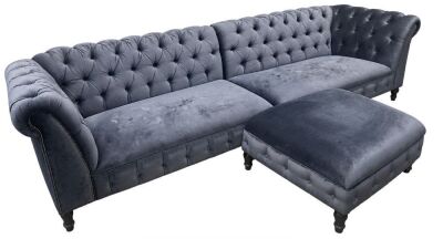 Set of Dark Grey/Blue Double Section Crushed Velvet Button Back Chesterfield Style Chaise Lounges with Matching Footstall. Chaise Size H80 x W175 x D95cm, Footstall H45 x W95 x D85cm. NOTE: requires cleaning.