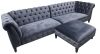 Set of Dark Grey/Blue Double Section Crushed Velvet Button Back Chesterfield Style Chaise Lounges with Matching Footstall. Chaise Size H80 x W175 x D95cm, Footstall H45 x W95 x D85cm. NOTE: requires cleaning.