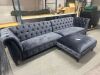Set of Dark Grey/Blue Double Section Crushed Velvet Button Back Chesterfield Style Chaise Lounges with Matching Footstall. Chaise Size H80 x W175 x D95cm, Footstall H45 x W95 x D85cm. NOTE: requires cleaning. - 2