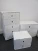 Set of 4 Dwell White Gloss Bedroom Furniture to Include: 1 x Tall Boy, Size H107cm x W60cm x 40cm, 1 x Chest of Drawers, Size H62cm x W80cm x D40cm & 2 x Bed Side Cabinet, Size H41CM x W55cm x D40cm - 2