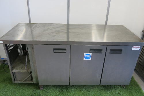 Foster 3 Door Stainless Steel Counter Fridge, Model XR3H, S/N E5379652. Size H85 x W178 x D70cm. Note: missing display facia.