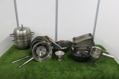 Lot of Kitchen Accessories to Include: 3 x Frying Pans, 3 x Woks, 9 x Metal Trays, 6 x Sieves, 1 x Steamer, 1 x Batter Dispenser, 1 x Funnel & 4 x Small Buckets.