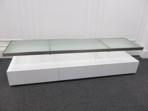 Frosted Glass & White Gloss TV Stand with Brushed Metal Frame & 3 Drawers. Size H46cm x W180cm x D45cm