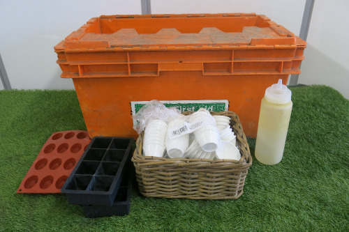 17 x Assorted Sized Plastic Sauce Bottles with 20 x Tops , 2 x Plastic Measuring Jugs, Large Quantity of Plastic Ramekin Dishes & 4 x Cake Moulds.