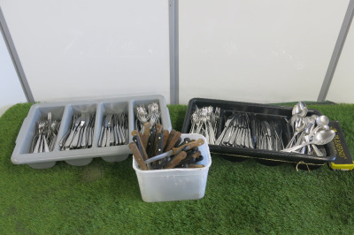 2 x Cutlery Trays Containing a Large Quantity of Studio William Knives, Forks & Spoons & 39 x Wooden Handle Serrated Knives.