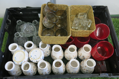 Quantity of Vases & Tea Light Holders to Include: 14 x Small Ceramic Vases, 7 x Small Glass Vases, 10 x Red Glass Tea Lights & 12 x Glass Tea Lights. NOTE: crate not included.