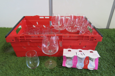 Assortment of Glassware to Include: 8 x Wine Glasses & 19 x Assorted Sized Tumblers. NOTE: Crate Not Included.