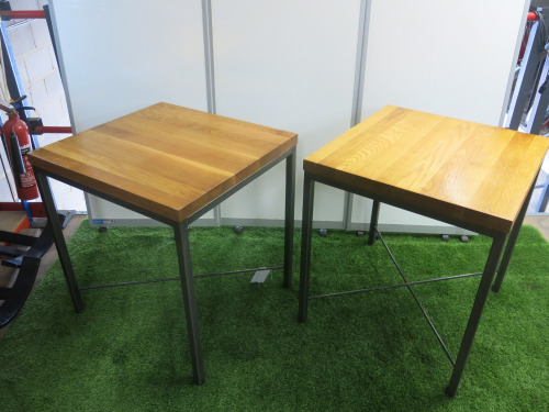 12 x Butcher Block Style Heavy Wood Top Dining Table on Box Metal Frame & Cross Brace Legs. Size H75 x W65 x D70cm.