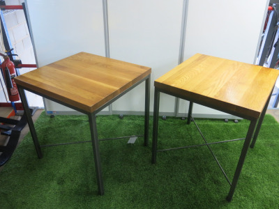 12 x Butcher Block Style Heavy Wood Top Dining Table on Box Metal Frame & Cross Brace Legs. Size H75 x W65 x D70cm.