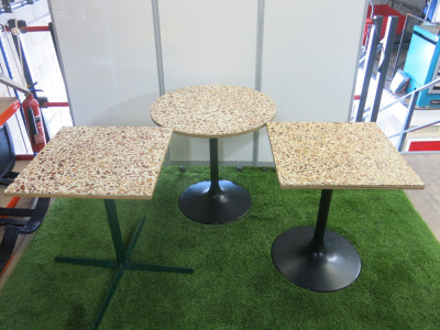 11 x Dining Table with Multi Coloured Stone Effect Wooden Tops & Assorted Metal Pedestal Bases to Include: 10 x Square, Size H73 x W60 x D60cm & 1 x Round, Size H70 x Dia 75cm.