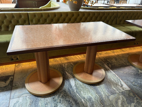 Wooden Top Dining/Restaurant Table on Twin Column Fluted Base. Size 135 x 75cm.