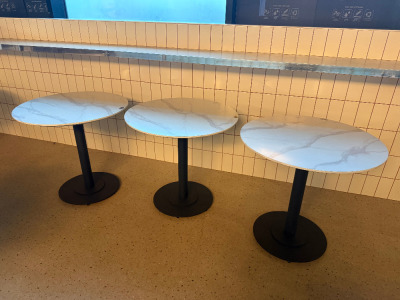 11 x Marble Effect Wooden Top Round Dining Tables on Heavy Metal Base. Size H75 x Dia 80cm.