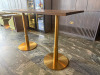 Dark Solid Wooden High Table on Twin Brass Coloured Base. Size H111 x D75 x W180cm. - 2