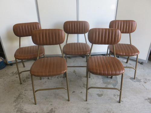 11 x Dining Chairs on Brass Coloured Metal Frames & Upholstered in Pleated Brown Faux Leather.