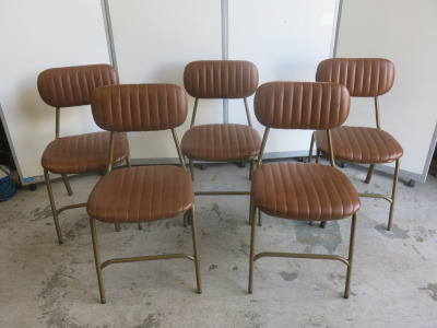 11 x Dining Chairs on Brass Coloured Metal Frames & Upholstered in Pleated Brown Faux Leather.
