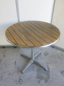 8 x Round Wooden Slated Outdoor Tables, Size H70 x Dia 78cm.