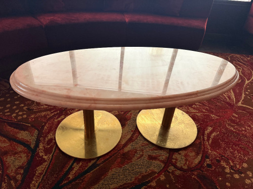 17 x Soho Style Faux Marble Lounge Tables on Brass Style Base to Include: 2 x Oval Twin Base (Size H48 x 120 x 60cm), 2 x Round Medium (Size 48 x Dia80cm) & 13 x Round Small (Size H48 x Dia 60cm).