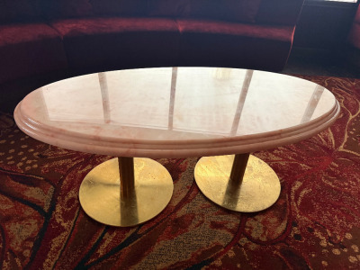17 x Soho Style Faux Marble Lounge Tables on Brass Style Base to Include: 2 x Oval Twin Base (Size H48 x 120 x 60cm), 2 x Round Medium (Size 48 x Dia80cm) & 13 x Round Small (Size H48 x Dia 60cm).