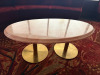 17 x Soho Style Faux Marble Lounge Tables on Brass Style Base to Include: 2 x Oval Twin Base (Size H48 x 120 x 60cm), 2 x Round Medium (Size 48 x Dia80cm) & 13 x Round Small (Size H48 x Dia 60cm).