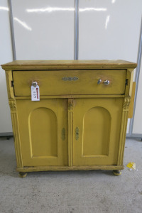 Shabby Chic Mustard Painted Wooden 2 Door 1 Drawer Cabinet, Size H103 x W100 x D45cm. NOTE: damage to back panel.