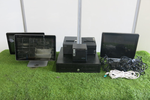 Epos System to Include: 3 x Partner POS Terminals, Model A4-1-A, 3 x Assorted Printers & 1 x Cash Drawer, Missing Plastic Tray Insert. Comes with Assorted Power Supplies.