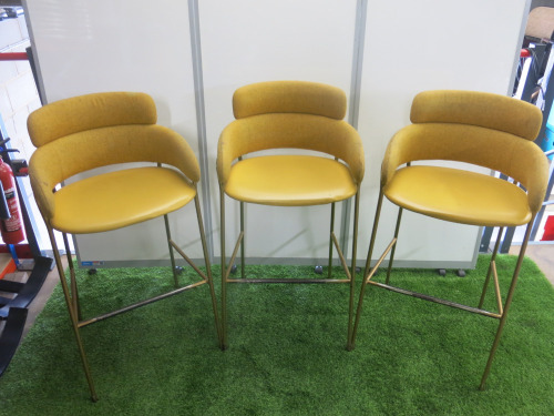 3 x Strike Bar Stools Upholstered in Mustard Coloured Fabric & Leather on Gold Metal Frame.