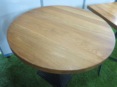 7 x Dining Tables with Heavy Wood Tops & Assorted Metal Pedestal Bases to Include: 5 x Square, Size H75 x W70 x D60 & 2 x Round, Size H90 x Dia 75cm.