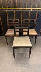 58 x Bourne Furniture Dark Wood Dining Tables with Textured Seat & Horizontal Slat Back.